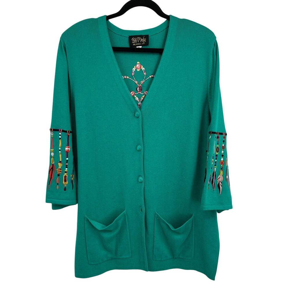 Bob Mackie Art Cardigan‎ Embroidered Button Dream Catcher Feather Women's XL